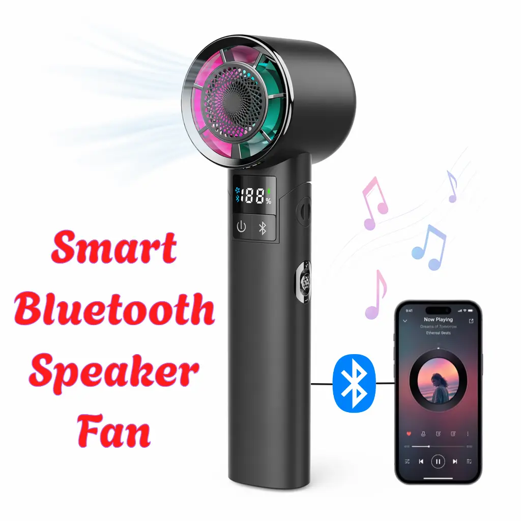 2-in-1 Portable Fan & Bluetooth Speaker | 100-Speed Cooling with RGB Lights 6000mAh Long Battery Life | Perfect for Summer, Gym, Travel & Outdoor AI Timer Smart Display