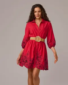 Floral Eyelet Detail Shirt Dress Tomato Red