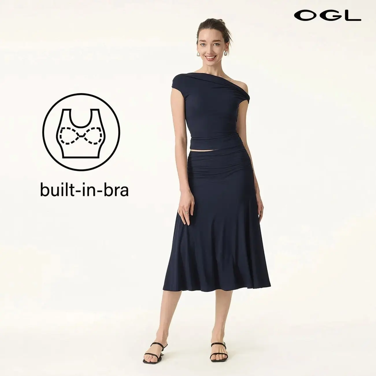 OGL Women's 2-Piece Matching Skirt Set - Multi-Wear Versatile Neckline bra tops with Built-In Bra, Flowy Side Ruched A-Line Midi Skirt, SkinKiss Fabric for Summer, Cute 2-Piece Sets for Women's Clothes trendy fashion style trendy look