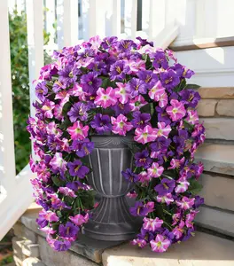 Ivydale Artificial Flowers for Outdoors, 2pcs Faux Hanging Morning Glory Silk Fake Flowers Lifelike Artificial Plants UV Resistant Flowers for Outside Planter Patio Garden Porch Decor (Purple，Rose Red，White，Yellow)