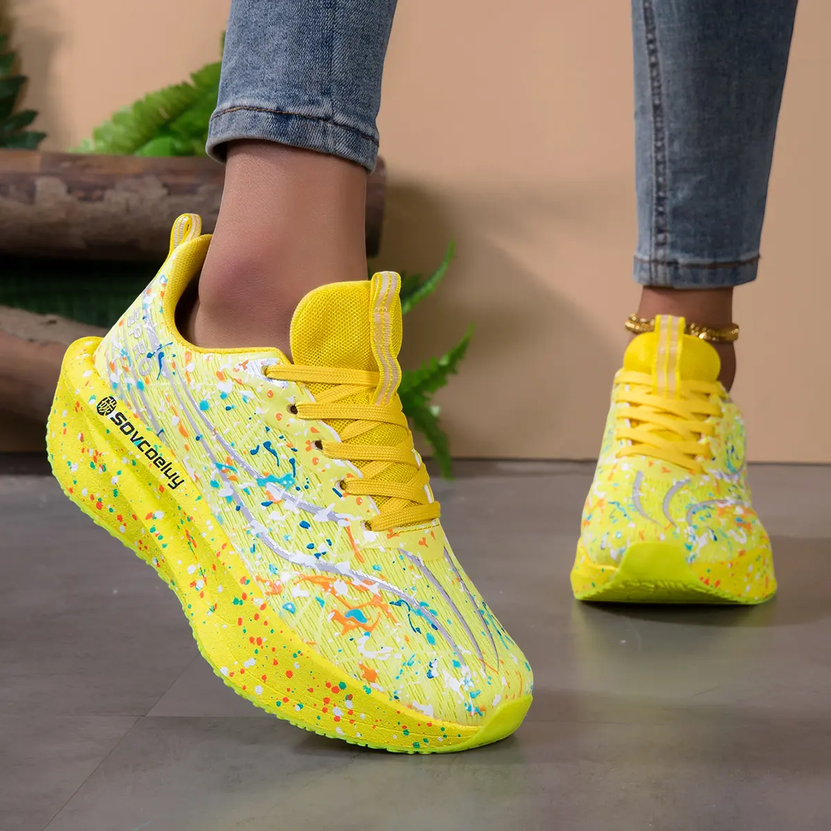 Women Gradient Splatter Print Carbon Plate Running Sneakers Breathable Knit Upper Shock Absorb Cushion Thick Sole Lace Up Light Fashion Athletic Walking Shoes Non Slip Wear Resistant Training Footwear For Gym Jogging Daily Street Outdoor Travel Sports