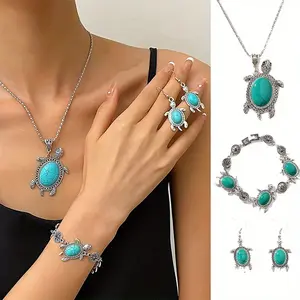 Vintage Bohemian National Handmade Women's Jewelry Set Turquoise Tortoise Pendant Silver Turtle Earrings for Beach Holiday Trip