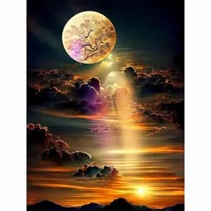 Moon with Tree Silhouette Diamond Painting Kit, Diamond Pattern Design, Sunset & Moonlight Ocean Reflection, 5D Full Drill Round Rhinestone Cross Stitch, Fantasy Night Sky Art, Celestial Landscape Wall Decor, Calming Nature DIY Craft for Home