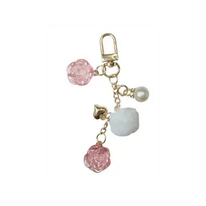 Pink Rose Pom Charm Keychain – Coquette Binder & Purse Accessory
