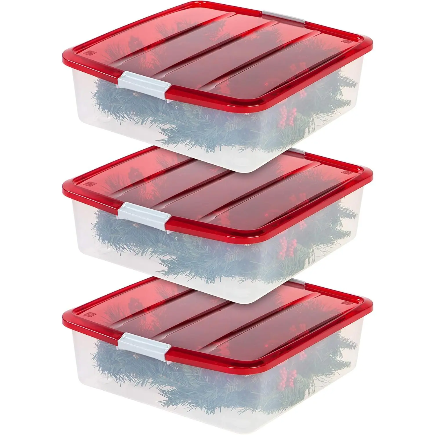 USA 33 Quart Christmas Wreath Storage Container Box with Lid, 3-Pack, Stackable Under Bed Storage Organizer Bin with Latching Buckles for 20" Wreaths Christmas Decorations Garlands, Clear/Red