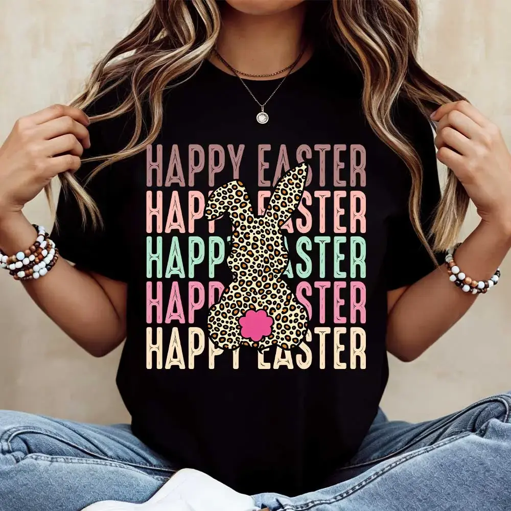 Women's Streetwear Casual Easter Short-Sleeve Round-Neck T-Shirt, Leopard Print Bunny Graphic Top for Spring