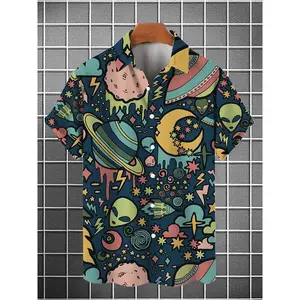 [Men'sHawaiianStylePrintShirt]Men'sSummerFashionPlanetAlienPrintShirt,BreathablePolyesterFabric,ShortSleeve,HawaiianStyle