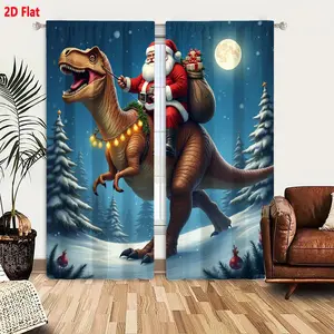 2D Flat Christmas Dinosaur Santa Snowy Night T-Rex Dino Reindeer String Lights Mistletoe 2-Piece Curtain Set for Bedroom Living Room, Festive Xmas Decor with Moon Pine Trees Snowflakes Ornaments Window Treatment