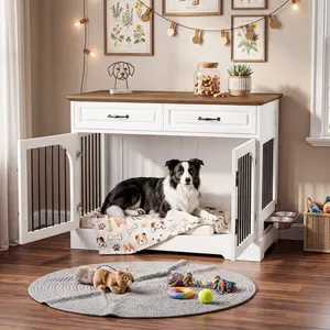 43" Large Dog Crate Furniture for Dogs 40-70 lbs, Farmhouse Dog Kennel with Rotating Bowls & 2 Drawers, Heavy Duty Dog Crate End Table for Golden Retriever & Labrador