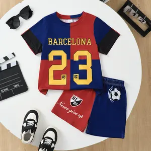 Cool Soccer Themed Boys' Outfit: Color Block "Barcelona" Tee & Contrast Shorts For 4-7Y Kids,Ready Stock 42511057