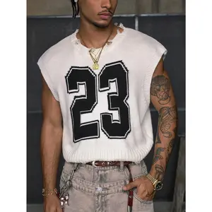 Men's Numeric Print Crew Neck Casual Short Sleeve Knit Sweater Top, Summer Wear