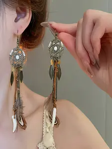 Bohemian Dreamcatcher Earrings, Rustic Metal Leaf and Feather Pendants, Vintage Bohemian Style Women's Jewelry, All Seasons