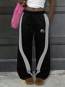 Women's Graphic Print Adjustable Drawstring Waist Straight Leg Pants, Casual Street Style, All Seasons, Fitted Long Regular Fit