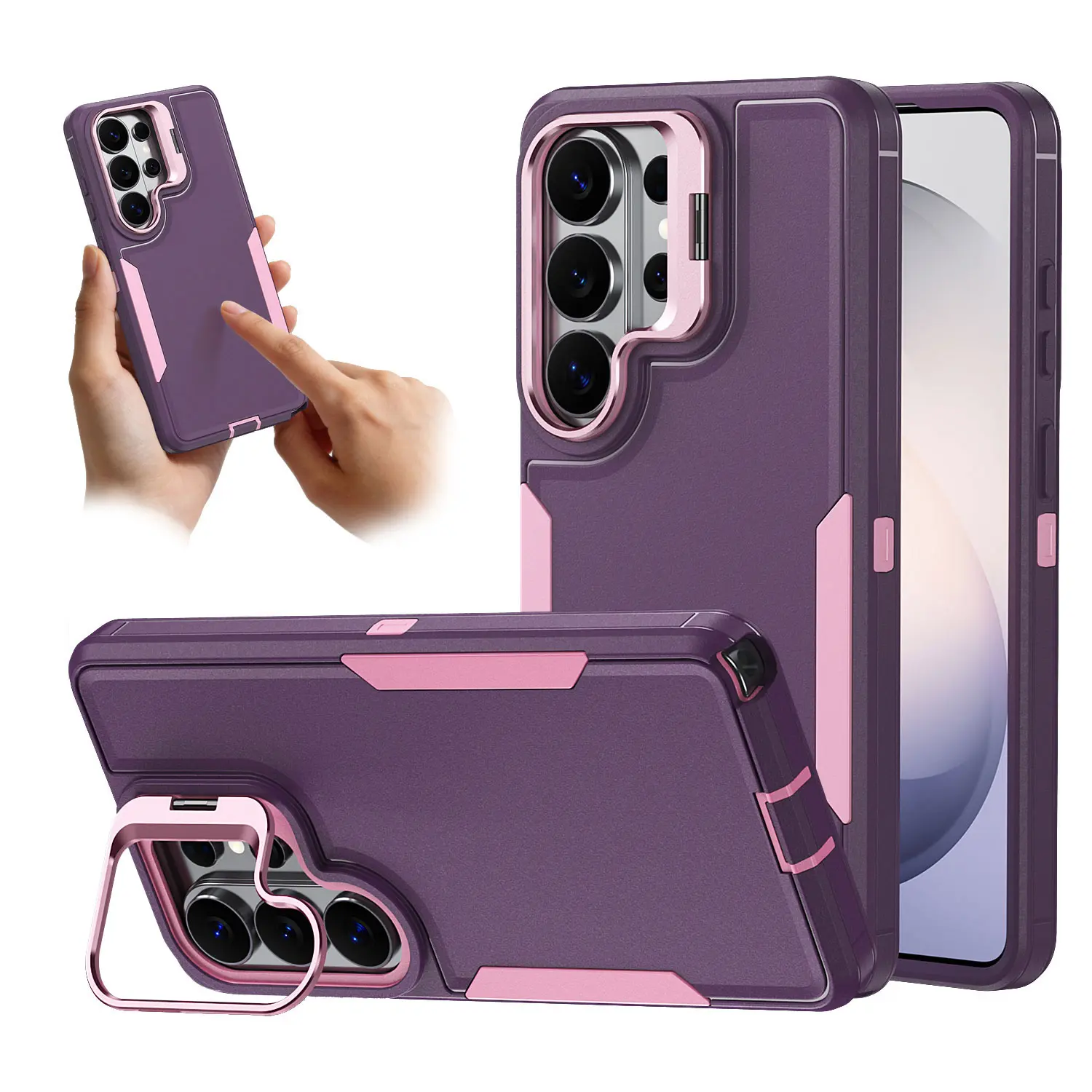 3-Layers Heavy Duty Defender Case for Samsung Galaxy S26 Ultra Plus S25 S24 S23 Ultra Plus, Built-in Camera Lens Kickstand, Shockproof Dropproof Bumper Case, Full Body Rubber Protective Phone Cover summerwins