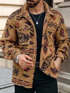 Men's Polar Fleece Shirt Jacket, Warm Geometric Pattern Flannel Shacket, Casual Loose Fit for Fall & Winter, Perfect Christmas Gift