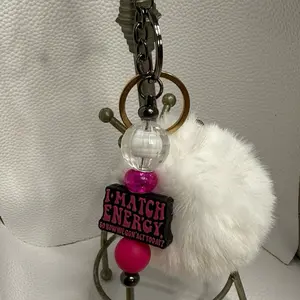 I-Match Energy Keychain with White Pom-Pom and Pink Beads for Stylish Accessory