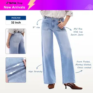 ONESO [NEW COLLECTION] Mid Waist Front Pocket Design Wide Leg Jeans High Stretch Comfortable Denim Pants