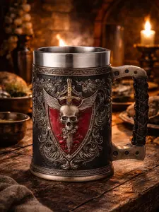 The Armored Kingdom Medieval Red Skullblade 15oz Stainless Steel Novelty Design Skull Mug - Steel Insert, Ceramic Accents, Engraved Dragon & Skull Print, Reusable, Sturdy Washable Kitchen Drinkware for Warriors, Novelty Design Mugs, Skull Mugs
