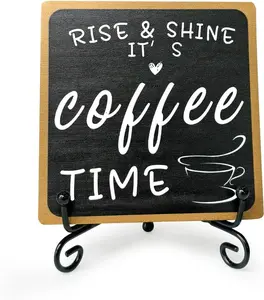 Coffee Bar Sign, 4x4" Wooden Rise and Shine It's CoffeeTime Sign, Mini Farmhouse Coffee Bar Decoration for Coffees Station Home Kitchen Tabletop Decor