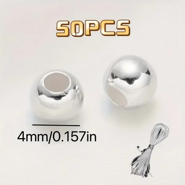 925 Sterling Silver Round Spacer Beads (50-Piece) – Unisex DIY Jewelry Making Accessories, Simple Daily Wear Supplies for Bracelets & Necklaces, with Complimentary Elastic Cord, Ideal Holiday Gifts Default
