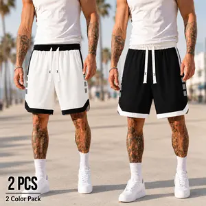 2-Pack Men’s Checkered Basketball Shorts with Side Stripes, Elastic Drawstring Casual Fitness Shorts