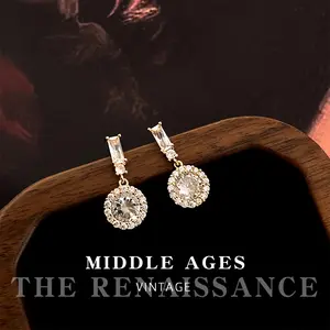 Vintage Light Medieval French Full Zircon Earrings Retro Light Luxury Round Earrings Commuting High-end Earrings