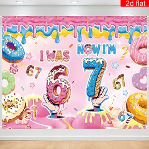 Donut Birthday Backdrop Tapestry Wall Hanging Photography Background Sweet Dessert Party Banner for 7th Birthday Cake Table Home Room Celebration Decor Polyester Fabric