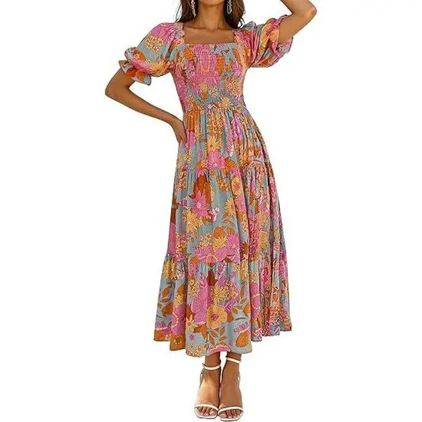 ZESICA Women's 2026 Summer Bohemian Casual Short-Sleeve Floral Print Square Neck Ruffle Swing Beach Vacation Maxi Dress
