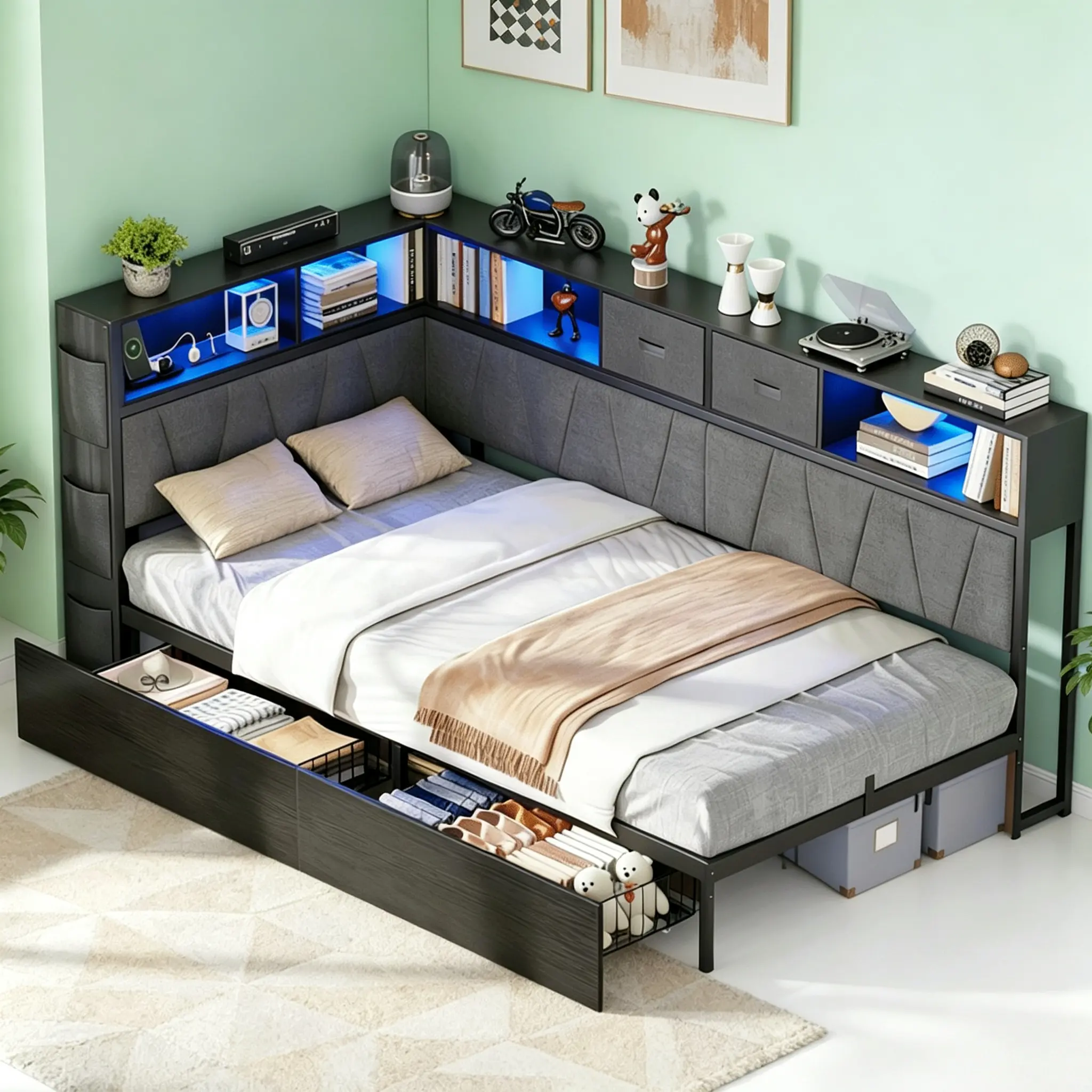 CollaredEagle Twin XL Corner Bed Frame Functional Kids Bed Unit with Storage Bookcase Charging Station LED Light Underbed Drawers Twin Platform Bed