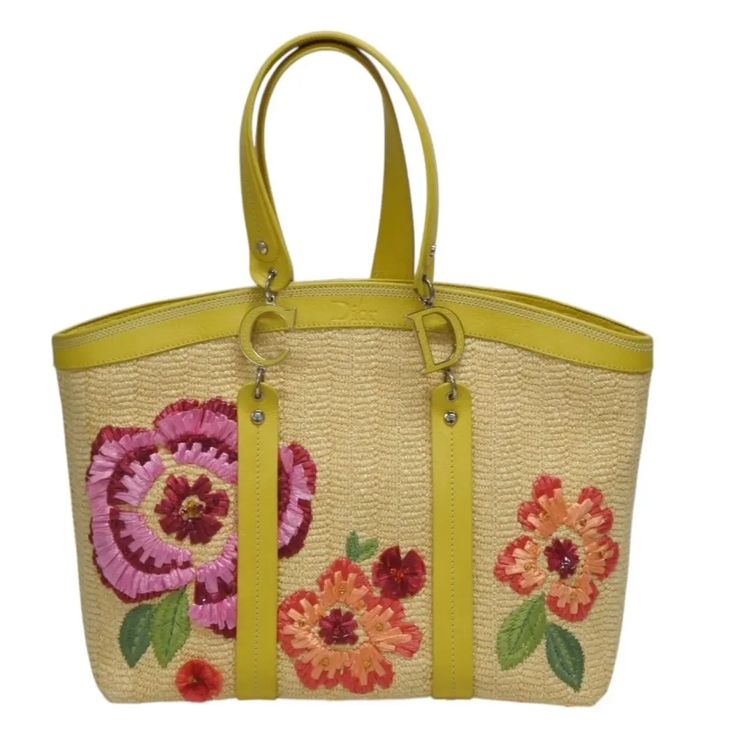 Pre-owned Dior Raffia Shoulder Bags Embroidered Tote