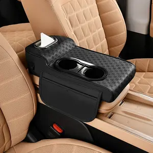 PU Leather Car Center Armrest Box Four-In-One with Cup Holder Tissue Box Integrated Cup Holders Car Armrest Pillow Elbow Support Pad Car Storage Organizer Auto Accessories