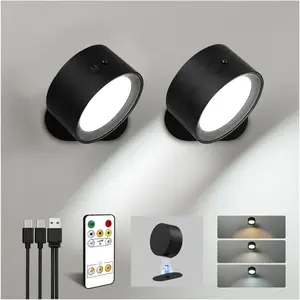 LED Wall Mounted Lights Rechargeable Wall Sconces Lamp 3 Color Temps & Remote and Touch 360°Rotation Dimmable Cordless Wall Light for Study Bedroom Reading Bedside Black 2 Pack