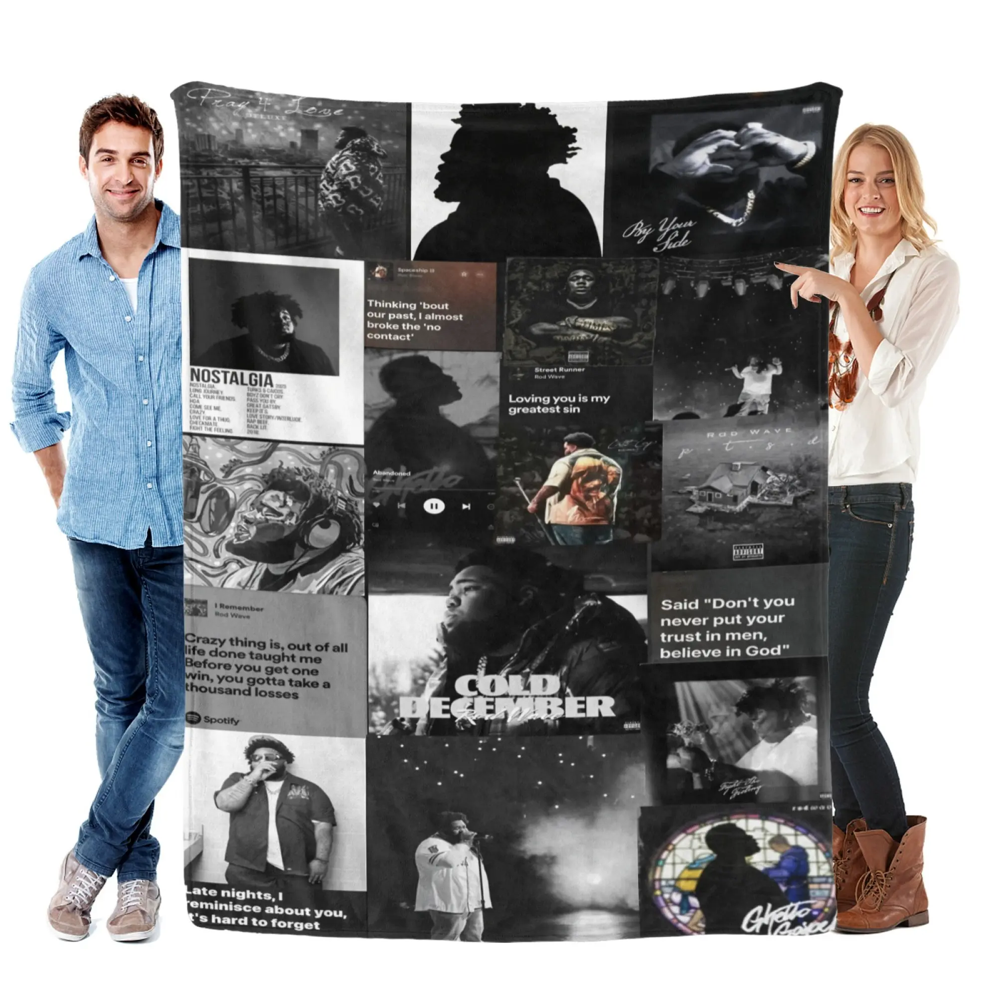 Rod Wave Rap Black White Album Collage Print Flannel Blanket Soft Plush Warm Throw Blanket for Bedroom Couch Nap Popular Hip Hop Rapper Fan Decor Giftable Home Blanket