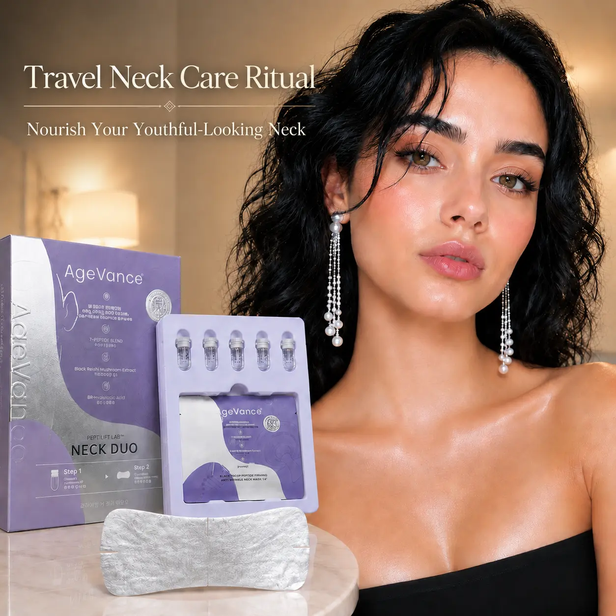 [AgeVance] PeptiLift LAB Neck Duo | Black Reishi Peptide Firming Anti-Wrinkle Neck Care Mask with 7-Peptide Complex + Hyaluronic Acid | Helps Improve the Look of Neck Wrinkles, Fine Lines, Sagging Skin, Turkey Neck & Double Chin | Korean Beauty Skincare