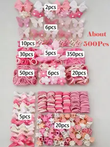 500pcs/Set Girls' Pink Bowknot Hair Clips, Cute Princess Hair Accessories, High Elastic Durable Non-Damaging Rabbit Ear Hair Ties, Versatile Duck Clip Barrettes, Suitable For Daily Use, Hair Accessories Sets