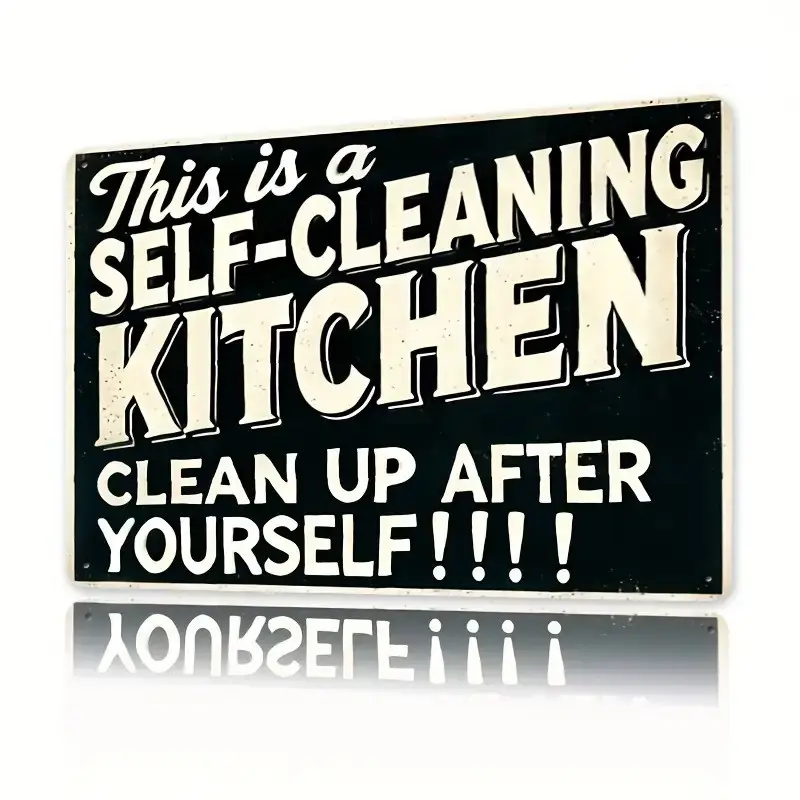 2D Flat, Vintage Metal Self-Cleaning Kitchen Sign - "Clean Up After Yourself!!!" 8x12 Inch Retro Wall-Mounted Funny House Rules Plaque for Home, Bar, Cafe, Durable Black & White Kitchen Decor with English Message, 2D Flat