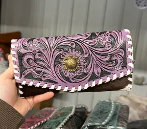 Genuine hand tooled leather & cowhide wallet with wristlet and crossbody strap- purple