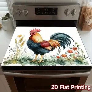 1pc 2D Flat Rooster-Themed Kitchen Stove Mat Featuring a Floral Meadow Design - Perfect for Rustic Farmhouse Decor. Suitable for Electric Glass Stoves And Ovens