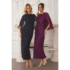 AMORIS Lady's T906 Elegant Sequin Lace-Chiffon Fabric Gown - Lace-Up, Detachable Sheer Cape Overlay, Formal Prom/Cocktail Dress with Slit, Flattering Fit for Evening Statement Events
