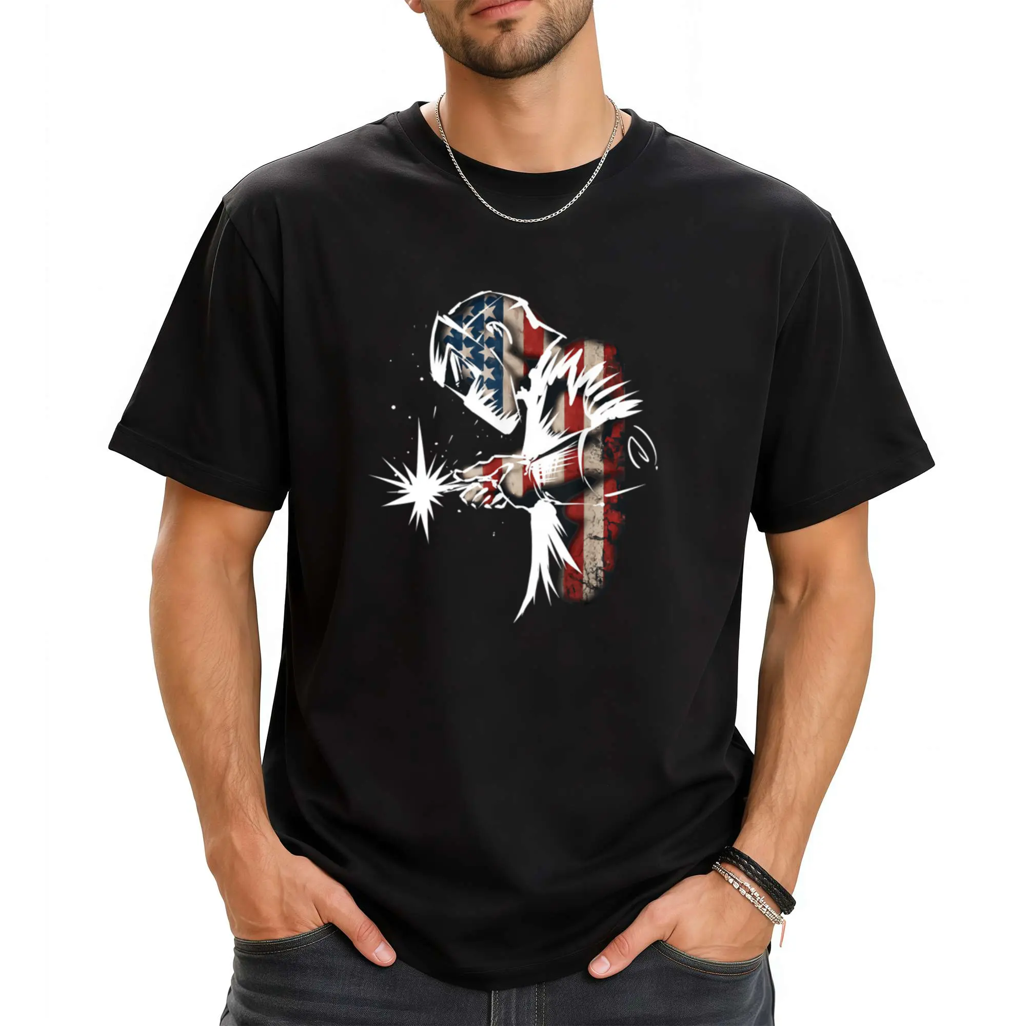 Men'S Welder American Flag T-Shirt - Heavyweight Crew Neck Short Sleeve with Welding Sparks & Welder Symbol, Slight Stretch All-Season Workwear Casual Tee for Welding Enthusiasts, Welding Gifts for Men, Patriotic Welding Apparel