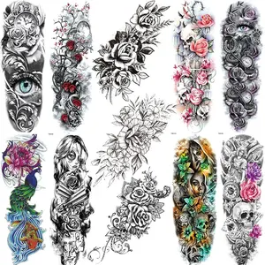 11 Pcs Large Rose Peony Temporary Tattoo Stickers, Realistic Skull Skeleton Fake Tattoos, Waterproof Floral Makeup Paper Eye, Women Full Arm Half Arm Colorful Tattoos