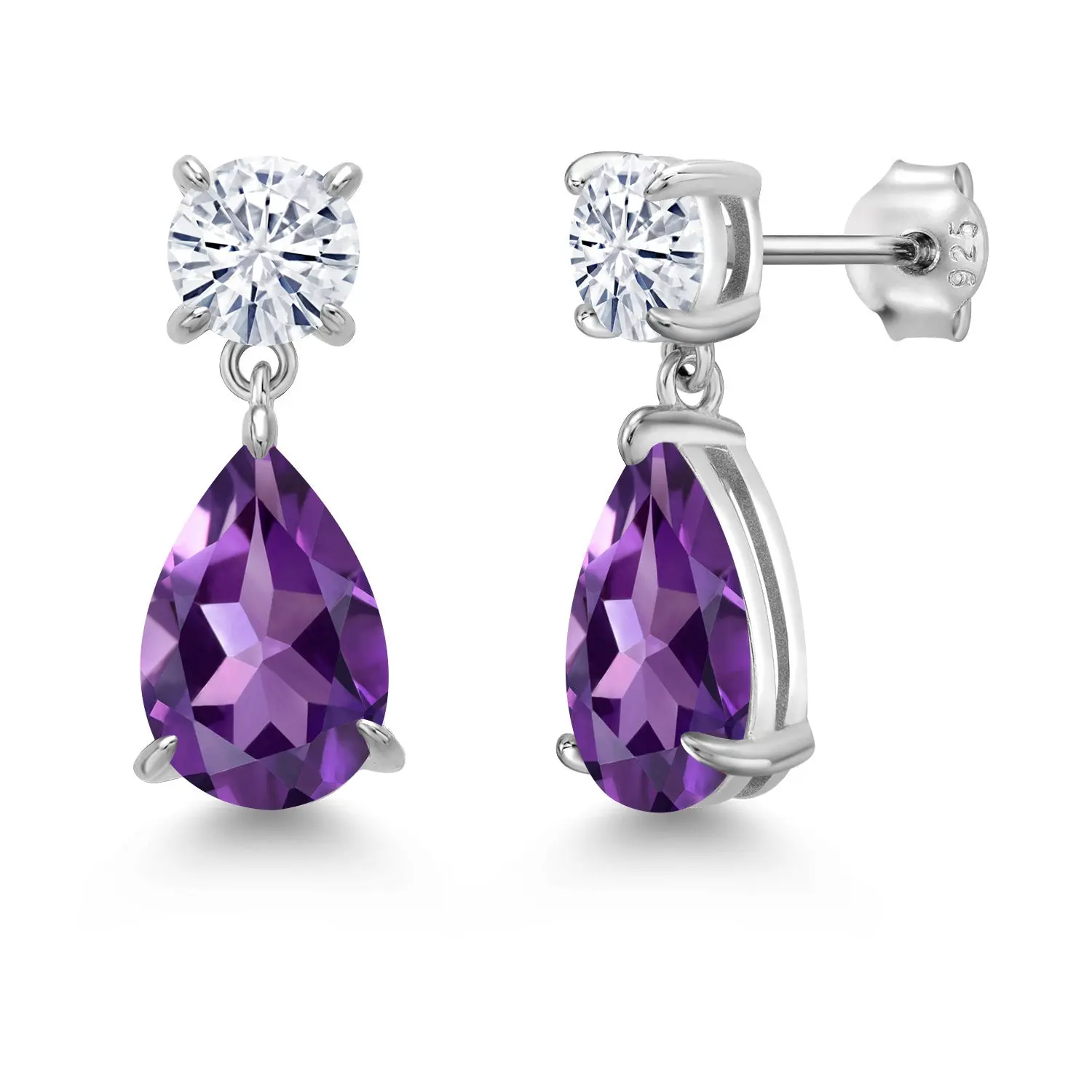 6.90 Cttw Purple Amethyst and White Moissanite Teardrop Dangle Drop Earrings For Women | 925 Sterling Silver | Gemstone Birthstone | Pear Shape 12X8MM | Round 6MM