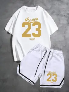 Men's Casual Sporty Loose Fit Graphic Printed Knit Short Sleeve T-Shirt Set, Street Basketball Sports Wear, Perfect Gift for Boyfriend
