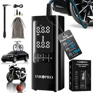 TyroPro Multipurpose Tire Inflator Portable Air Compressor 150PSI with 15000mAh Power Bank, 10X Fast Inflation, Digital Gauge, LED Light and Auto Shut Off, Cordless Pump for Car, Bike, Balls and More