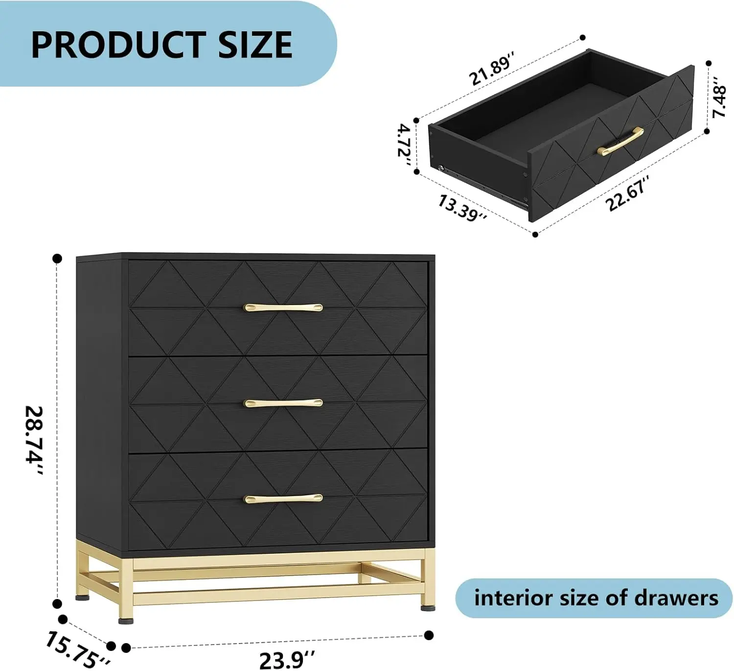 GARVEE Black 4-Drawer Classic MDF Wood Floor Standing Dresser - Brushed Metal Handles, Chamfer Edges, Reinforced Back, Durable Construction, Elegant Textured Face, Smooth Glide Compact Indoor Cabinet Chest for Bedrooms, Apartments