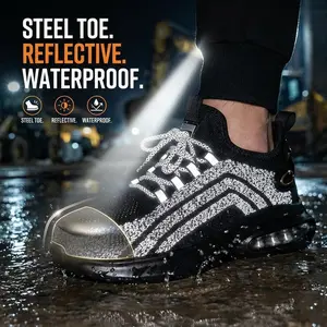 Steel Toe Work Sneakers - Waterproof Anti-Smash Slip-Resistant Breathable Lightweight Reflective Safety Shoes for Construction Woodworking