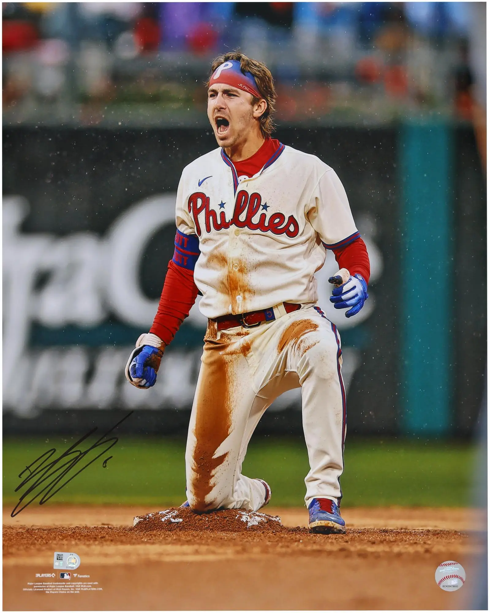 Bryson Stott Philadelphia Phillies Autographed 16" x 20" Stolen Base Celebration Photograph - Fanatics Authentic Certified