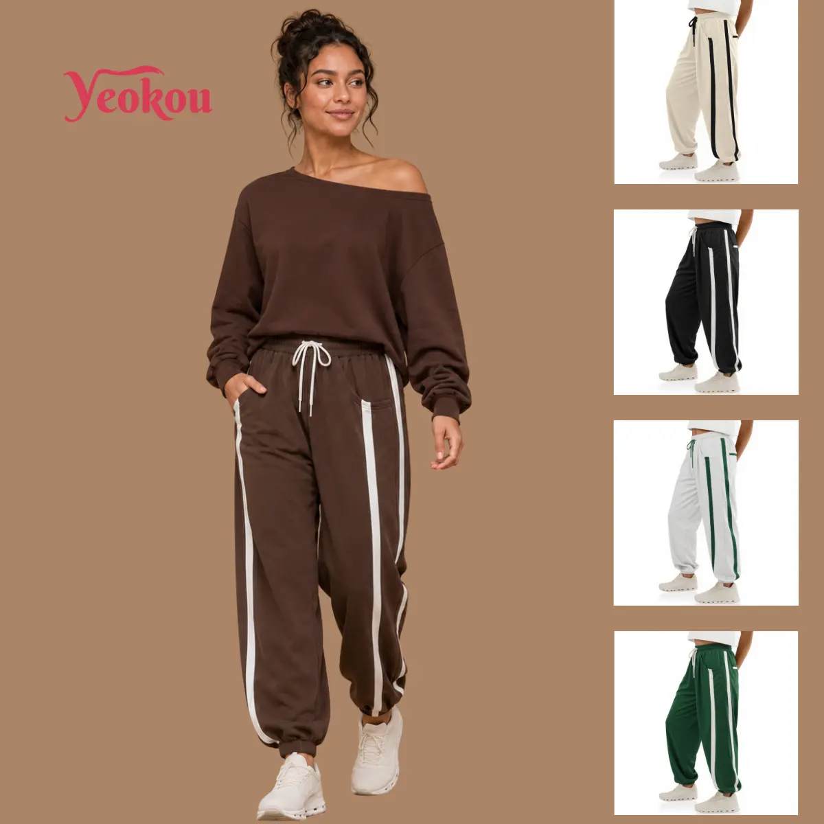 Yeokou Women's Oversized Cotton Blend Sweatpants - Activewear with Contrast Stripes, Elastic Waist, Drawstring Fit, Oversized Ease for Casual Wear