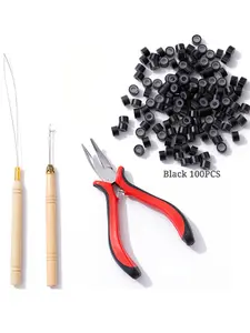 Hair Extension Tool Kit, 100 Silicone Hair Rings, /dark /light /, Hair Clamp + Hook Needle, Personal DIY Hair Extensions