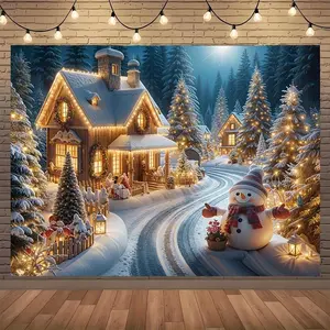 Enchanted December, Durable Polyester Christmas Banner - Snowy Scene with Snowman & Gingerbread House Design, Perfect for Winter Celebrations & New Year's Parties, Indoor/Outdoor Decor Ornaments